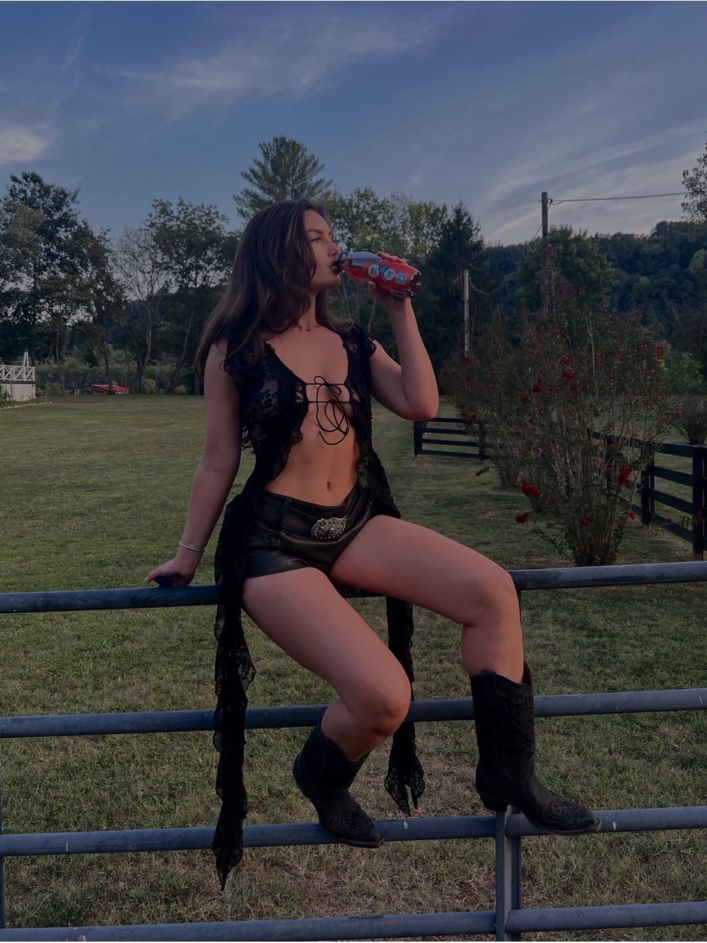 Stagecoach Outfit Black Lace Duster with Black Leather Shorts with Bull Buckle - Picture 1 of 4
